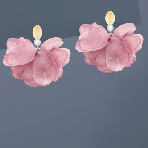Handmade Fabric Flower Petal Fringe Dangle Drop Earrings Bohemian Floral Tassel Stud Earrings For Women - color: Pink