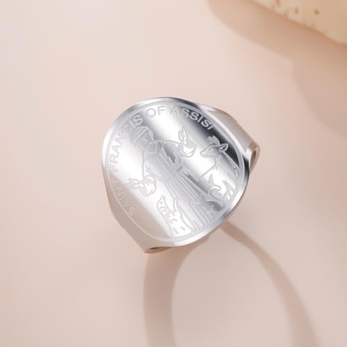TEAMER Resizable Saint Francis of Assisi Ring Pendant Patron Saint of the Animals and Nature Francis Pet Protect Medal Catholic Jewelry For Women Men - color: Silver