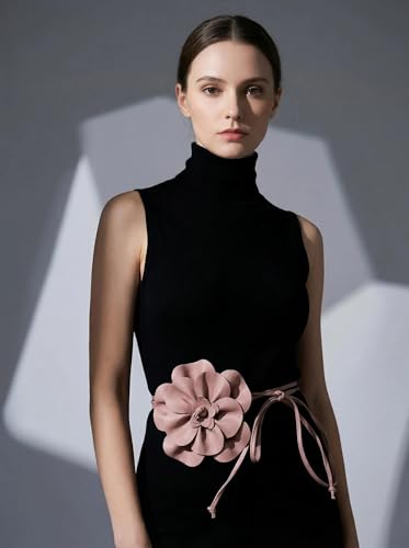 Boho Big Flower PU Leather Waist Belt Chain for Women Rose Floral Camellia Long Tassel Adjustable Waist Band Jewelry - color: Pink