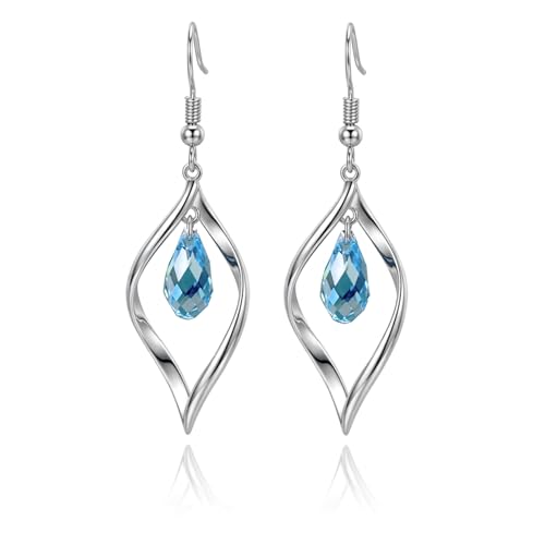 Rhodium Plate 925 Sterling Silver Hook Twist Leaf Holiday Hypoallergenic Dangle Earrings for Women Gifts Engagement Wedding with Austrian Daiamond Cut Waterdrop Crystal Hight Polished Long :1.9 IN - color: sea blue