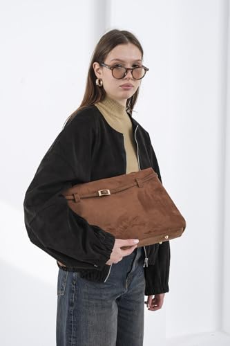 Base’ic Women’s Suede Tote Bag with Gold Hardware – Trendy Slouchy Shoulder Hobo Satchel Handbag Work Purse Travel Gift - color: Brown (Gold Hardware)