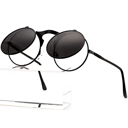 AIEYEZO Round Flip Up Sunglasses for Men and Women Rave Flip Glasses 90's Retro Steampunk Style - color: A2 Black/Grey