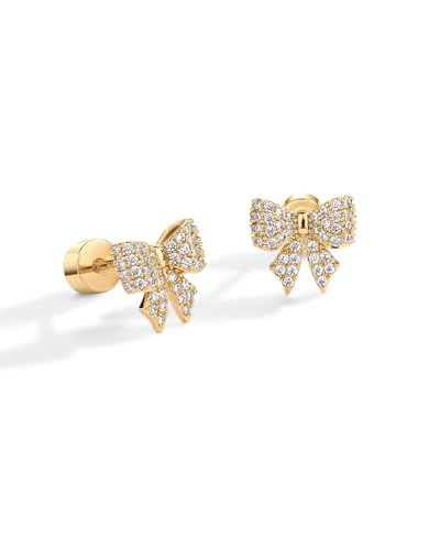 PAVOI 14K Gold Plated Dainty Flat Back Earrings for Women - Hypoallergenic Sterling Silver Posts Helix Cartilage Piercing Jewelry - Emoji Motif Bow Celestial Flatback Gold Stud Earrings Screw Back - style: Bow