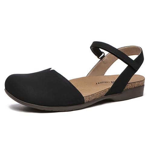 Athlefit Women's Closed Toe Sandals Comfort Cork Footbed Arch Support Flat Sandals - color: Black, size: 9.5
