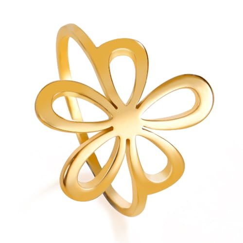 TEAMER Filigree Flower Ring Stainless Steel Elegant Bohemian Finger Ring Wedding Band Ring Exquisite Jewelry for Women - color: Style 2 - Gold