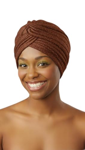 DONNA Glitter Turban – Full Size Stretch Headwrap with Elastic Hold – Sparkly Fashion Turban for Women’s Hair Protection - color: Brown