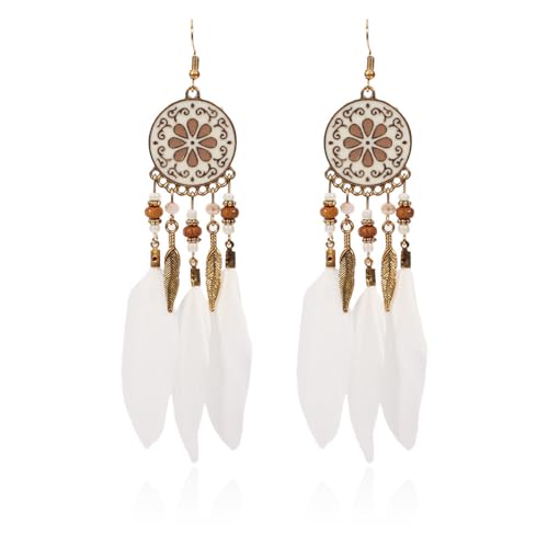 Boho Turquoise Drop Earrings Retro Long Copper Feather Tasse Metal Leaf Dangle Earrings Vintage Country Western Jewelry Cowgirl Ethnic Style Geometric Concert Festival Accessories for Women - color: Beige