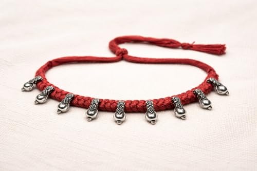athizay Boho Charm Thread Choker Necklace – Braided Bohemian Choker with Oxidized Silver Dangle Charms | Handmade Boho Jewelry for Women - color: Maroon, Silver