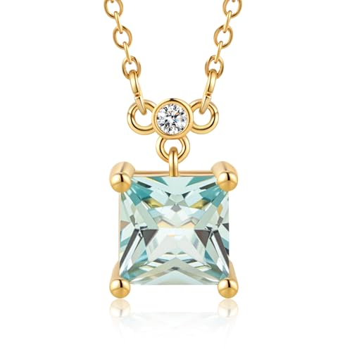 18K Gold-Plated Non Tarnish Birthstone Necklace for Women, 5A Princess Cut Cubic Zirconia Pendant, Birthday Anniversary Valentine's Gift, 18-20 Inches - color: 3-Mar-Light Sea Blue