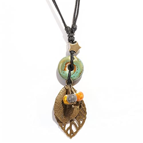 Pingyongchang H&Z Bohemian Colorful Ceramic Beads Lariat Necklace, Hippie Moon Stars Ceramic Tassel Beaded Jewelry Gifts for Women - color: green