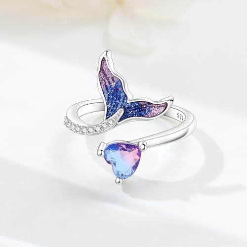 Rings for Women Butterfly Ring 925 Sterling Silver Rings Adjustable Promise Open Ring for Women Couple Wedding Engagement Jewelry Gifts - style: Mermaid Heart Open Ring