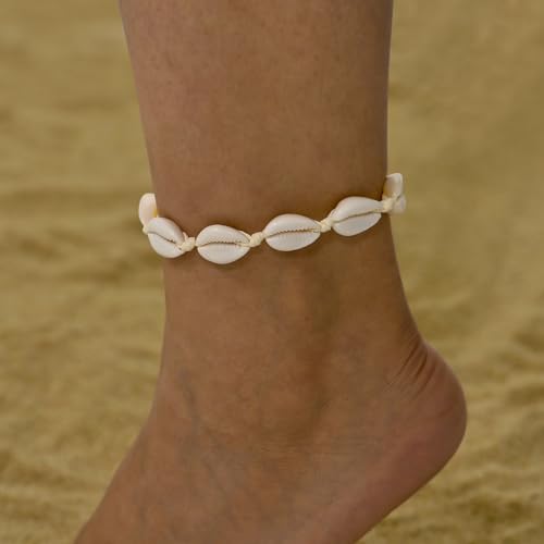 ATIMIGO Adjustable Nature Puka Shell Ankle Bracelet Cowrie Shell Anklet Handmade Boho Hawaiian Beach Surfer Seashell Braided Anklet Foot Jewelry for Women - color: beige string cowire shell anklet