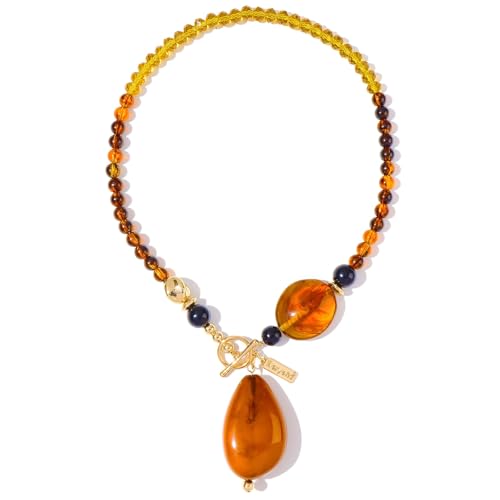 Boho Beaded Pendant Long Necklace for Women - Western Mixed Metal Necklace Style Jewelry Gift - color: Amber Tear