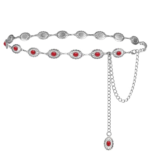 FIORETTO Western Waist Chain Belt Metal Concho Belt for Women Cowgirl Cowboy Boho Country Belt for Dress Jean - color: Red-silver-19, size: Fit Waist Up to 38"