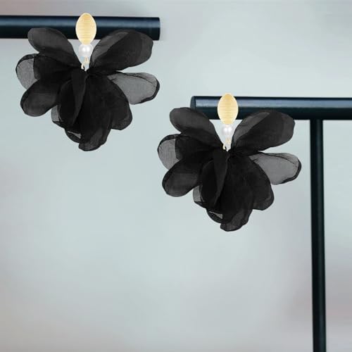 Handmade Fabric Flower Petal Fringe Dangle Drop Earrings Bohemian Floral Tassel Stud Earrings For Women - color: Black