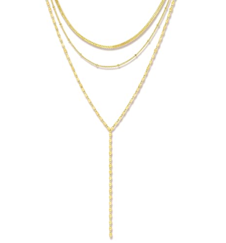 iF YOU Lariat Gold Long Necklaces for Women Trendy, Dainty 14K Gold Plated Drop Chain Necklace, Layered Rosary Beaded Y Necklaces Summer Beach Jewelry Gifts - color: Three-layer Y necklace-GLD