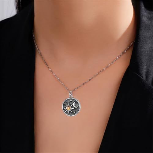 Dreuyet Vintage Sun Moon Earrings and Necklace Set for Women Boho Antiqued Crytal Sun Moon Dangle Drop Earrings Necklace Unique Handmade Retro Round Coin Celestial Jewelry Gifts - color: Silver Black