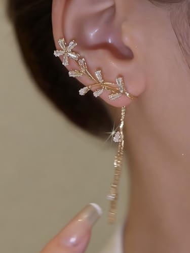 2PCS Ear Cuff Earrings for Women No Piercing Flower Climber Wrap Around Earrings Crawler Rhinestone Wrap Earring Fairy Ear Clip Jewelry Gifts - color: gold