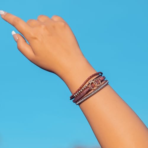 FANCY SHINY Boho Leather Wrap Bracelet Stackable Infinity Chunky Cuff Bracelets Western Hippie Outfits Jewelry Valentine Gifts for Women - color: Burgundy
