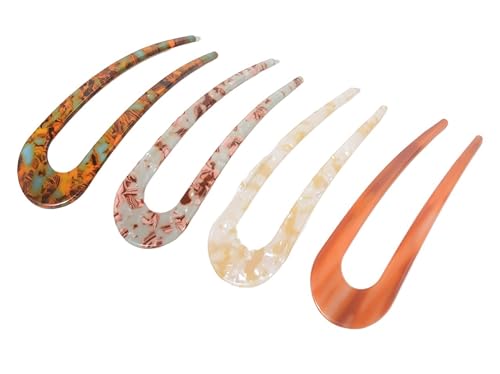 French Twist Hair Fork, 4 Pcs, 5 Inch, U Shape Updo Hair Pins | Classic Cellulose Acetate, 2 Prong Bun Hair