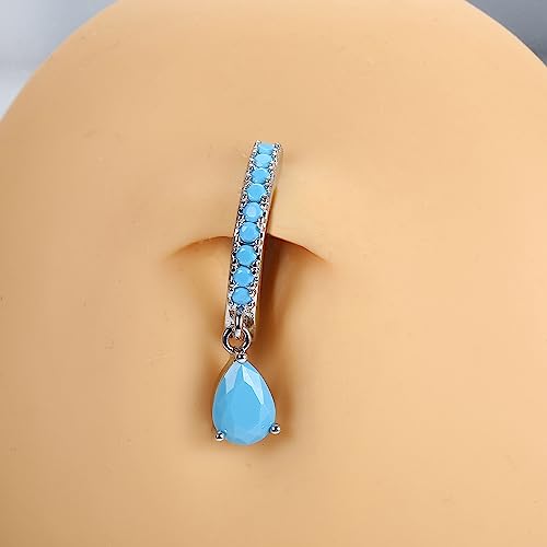 FIBO STEEL 14G Clicker Belly Rings 316L Surgical Steel Dangle Belly Button Ring CZ Teardrop Pendant Navel Rings Barbell Body Piercing Jewelry - color: Blue