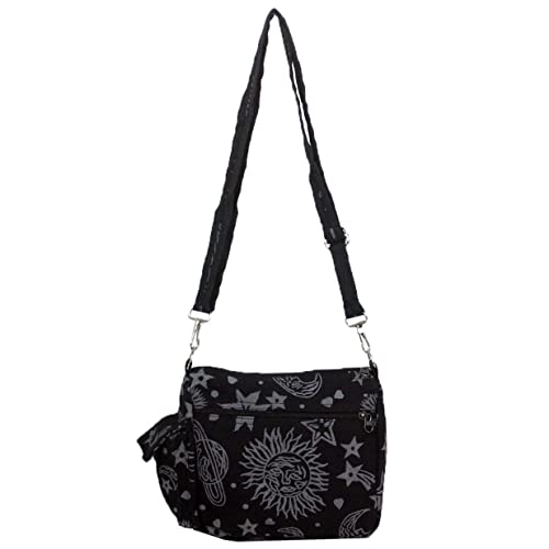 Sun Moon Stars and Planets Celestial Hippie Boho Crossbody Single Shoulder Bag - color: Black