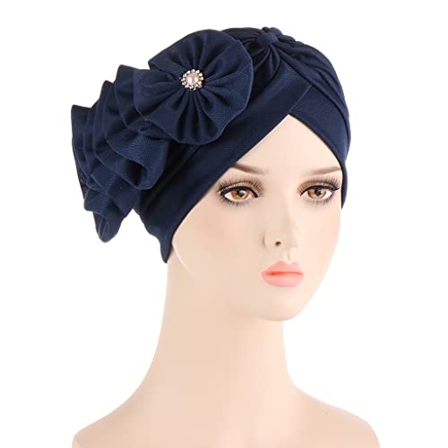 Flower Turban Hats for Women - Ruffle Bead Stretch Solid Caps Chemo Cancer Pre Tied Headscarf Headwear - color: Navy