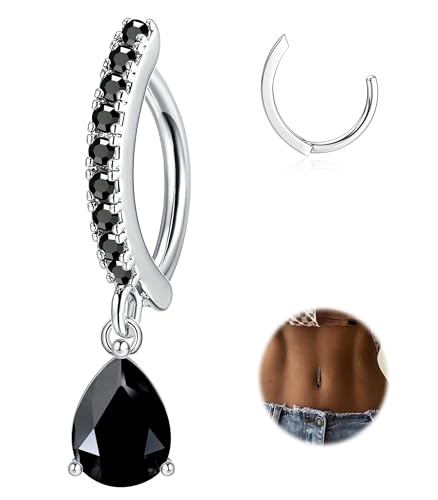 FIBO STEEL 14G Clicker Belly Rings 316L Surgical Steel Dangle Belly Button Ring CZ Teardrop Pendant Navel Rings Barbell Body Piercing Jewelry - color: Black
