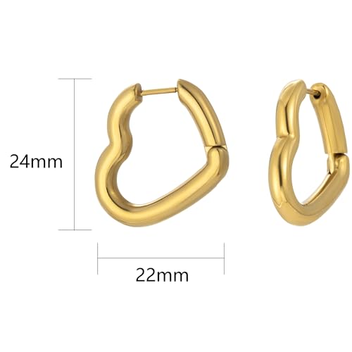 Stainless Steel Hoop Earrings for Women Gold Tone Geometric, Huggie Heart Twisted Minimalist Engraved Designs for Daily Wear - color: Gold+ Heart02