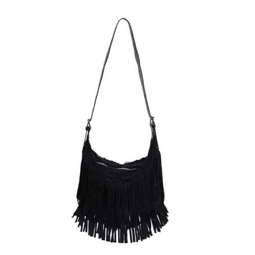Fringe Genuine Suede Leather Hobo Bag Adjustable Crossbody Shoulder Bag Boho Retro Tassel Handbag Gift Box - color: Black