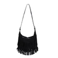 Fringe Genuine Suede Leather Hobo Bag Adjustable Crossbody Shoulder Bag Boho Retro Tassel Handbag Gift Box - color: Black