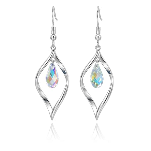 Rhodium Plate 925 Sterling Silver Hook Twist Leaf Holiday Hypoallergenic Dangle Earrings for Women Gifts Engagement Wedding with Austrian Daiamond Cut Waterdrop Crystal Hight Polished Long :1.9 IN - color: colorful