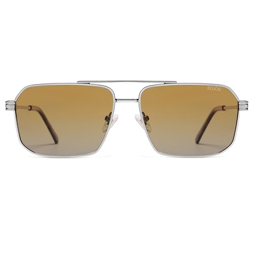 SOJOS Retro Polarized Square Sunglasses for Women Men Vintage Large Double Bridge UV Protection Metal Sun Glasses SJ1246 - color: Light Gunmetal/Yellow Grading