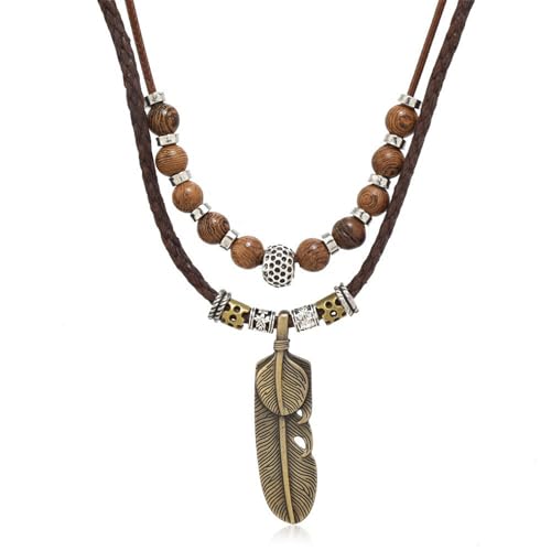 Boho Braided Rope Necklace for Women Vintage Butterfly Feather Adjustable Wooden Beads Layered Necklace Bohemian Wolf Tooth Totem Tribal Ethnic Style Jewelry - style: Feather