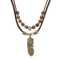 Boho Braided Rope Necklace for Women Vintage Butterfly Feather Adjustable Wooden Beads Layered Necklace Bohemian Wolf Tooth Totem Tribal Ethnic Style Jewelry - style: Feather