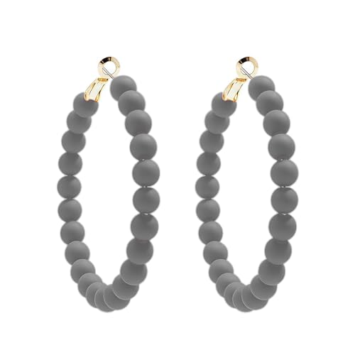 Bohemian Colorful Acrylic Resin Matte Beads Round Circle Hoop Drop Dangle Minimalist Chic Lightweight Earrings for Women Boho Geometric Beaded Statement Jewelry - color: gray