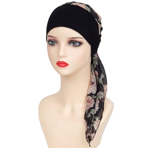 Headwear Turbans for Women - Lightweight Head Scarf for Women's Hair Chiffon Elegant Headwraps Hats - color: Black-peony
