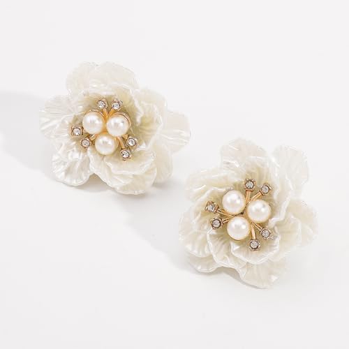 Shell Flower Pearl Stud Earrings Necklace for Women Boho Statement Acrylic White Camellia Seashell Flowers Floral Chic Earrings for Wedding Bridal Christmas Party Holiday Trendy Jewelry