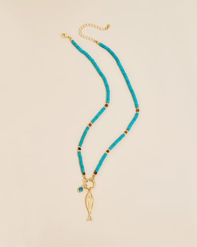 Gold Fish Necklace For Women Blued Beaded Strand Toggle Necklace With Gold Fish Pendants Dainty Summer Beach Turquoise Jewelry - style: Cute Fish