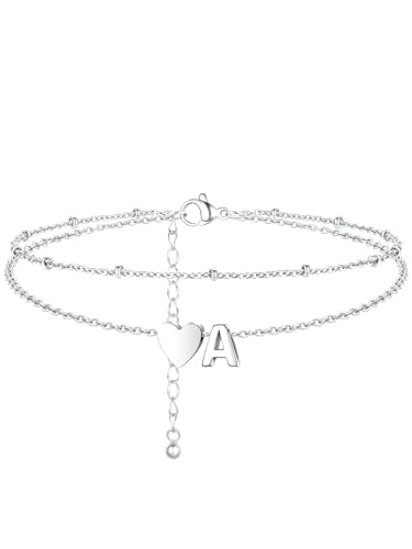 Silvora Ankle Bracelets for Women Waterproof 14K Gold/Silver/Black Initial Anklet for Women Dainty Layered Heart Ankle Bracelets Stainless Steel Adjustable Foot Chain Anklet Summer Beach Jewelry - color: A-Silver