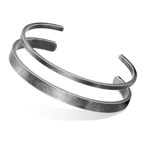 MEALGUET Stainless Steel Mens Cuff Bracelet : Minimal Cool Silver/Black/Gold Plated Open Metal Cuff Bangle Bracelets for Men,Mens Bracelet Jewelry Gift - color: Antique Grey-2-Pack, size: Medium( fit 5.5"-7.2" wrist)
