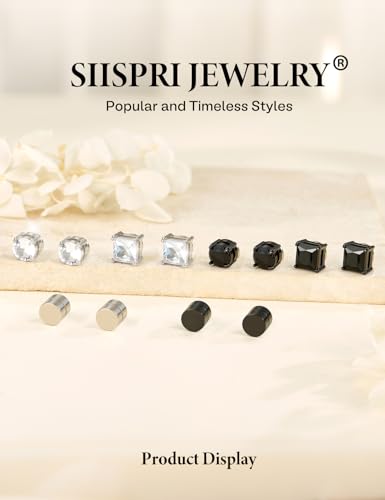 SIISPRI Magnetic Stud Earrings for Women Men Clip on Stud Earring Hypoallergenic Fake Earring Unisex Non Piercing CZ Halo Studs Diamond Earrings,Men's Aretes de lman - color: Black-Silver