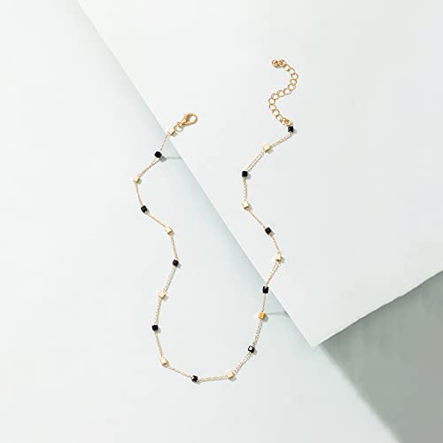 FUTIMELY Bohemia Green Beaded Beads Choker Necklace for Women,Simple Fresh Green Beaded Square Round Bead Choker Necklace - color: Gold+Black Gold Square