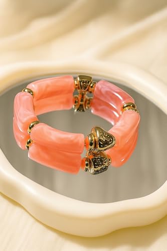 Gold Bracelet Stack For Women, 3Pcs Jade Vintage Chunky Stackable Stretch Boho Western Adjustable Bracelet Stacks Statement Dainty Tarnish Free Waterproof Jewelry Gift - color: Pink