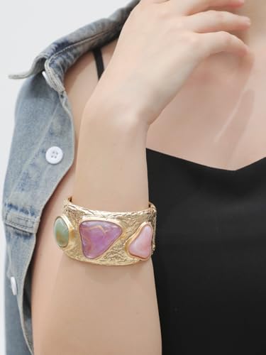 Gold Cuff Bracelet for Women Silver Beaded Bracelets Open Bangle Stackable Stretch Bead Bracelet Boho Jewelry Gifts for Wife Couple - style: Colorful Stone Bracelets