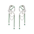 Unique Abstract Face Art | Dangle Statement Long Earrings for Women | Rhinestone Tassel Handmade Chandelier Earrings - color: Silver Green Diamond