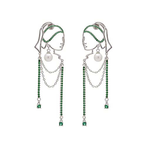 Unique Abstract Face Art | Dangle Statement Long Earrings for Women | Rhinestone Tassel Handmade Chandelier Earrings - color: Silver Green Diamond