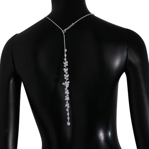 Simple Crystal Leaf Back Chain Body Jewelry for Women Festival Rhinestone Necklace Bridal Wedding Backdrop Body Accessories Jewelry - color: Silver