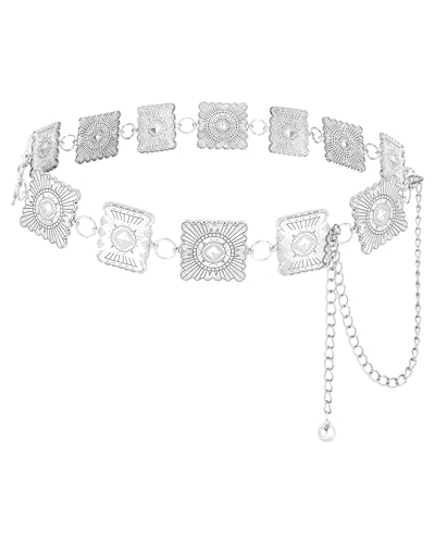 AWAYTR Chain Belt for Women – Adjustable Boho Metal Waist Chain Belt Gold Sliver for Dresses Jeans Country Concert Outfit - color: Sliver-large Square