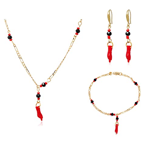 Caiyao Azabache Hand Figa Charm Stainless Steel Link Chain Bracelet Pendant Necklace Drop Dangle Earring Set for Women Men Kabbalah Amulet Protection Good Luck Jewelry - color: B red
